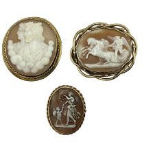 Three unmarked yellow metal mounted shell cameo broaches depicting classical scenes, largest 6cm x