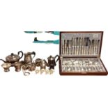 A collection of silver plated ware to include a boxed 8 person canteen of cutlery by Bead , Two