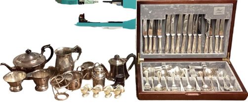 A collection of silver plated ware to include a boxed 8 person canteen of cutlery by Bead , Two