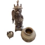 Three items to include a tribal figure, an etched pot and vase