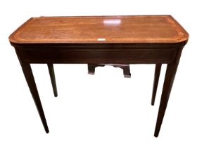Mahogany and satinwood inlaid fold over card table on tapered legs CONDITION REPORT: No sign of