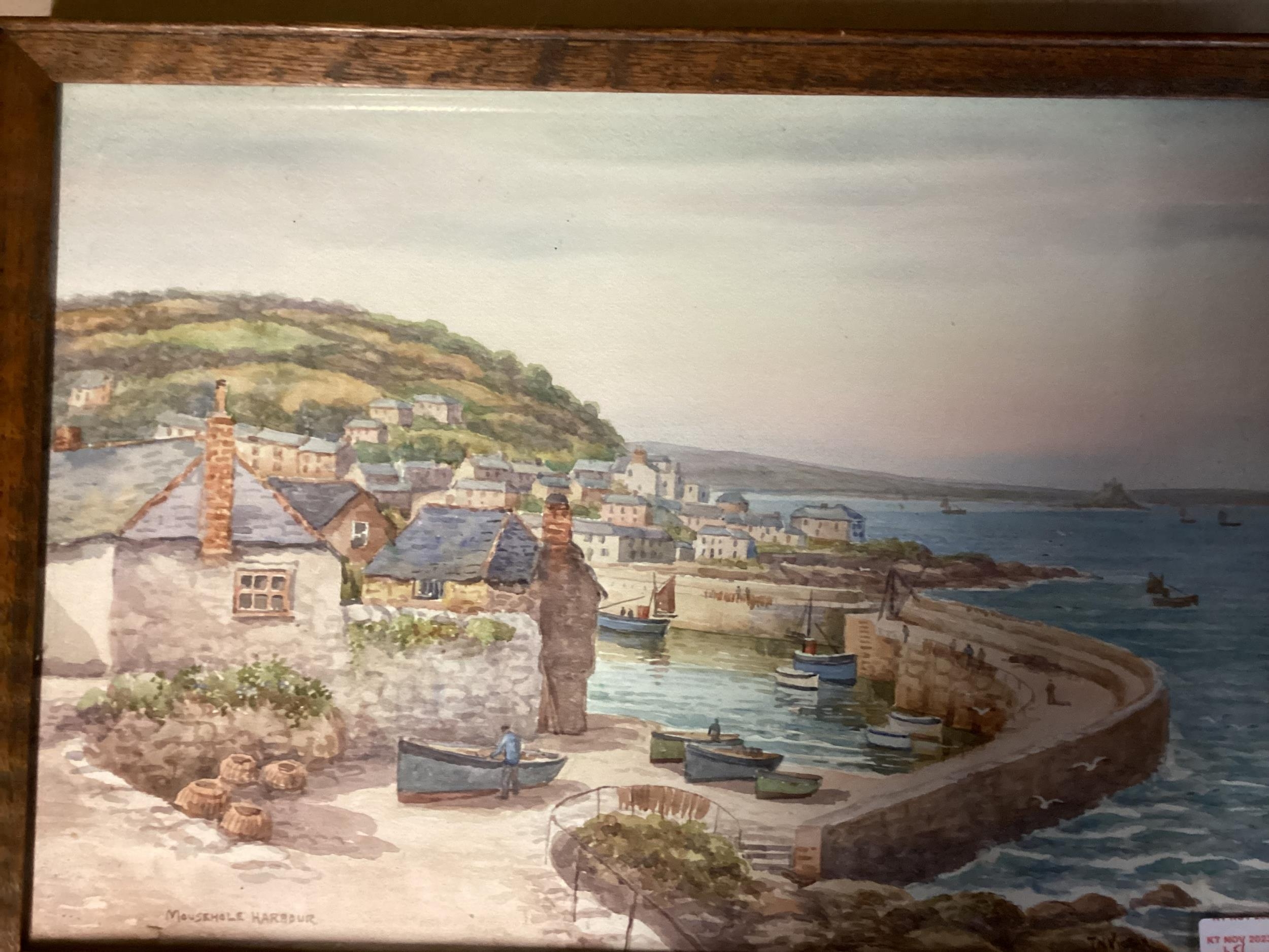 After William Shayer, a gilt framed picture of a C19th Harvest Scene; a Watercolour titled Mousehole - Image 4 of 12