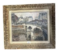 An Impressionist style oil on panel of a river and bridge, signed lower left, and marked verso in