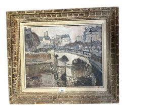 An Impressionist style oil on panel of a river and bridge, signed lower left, and marked verso in