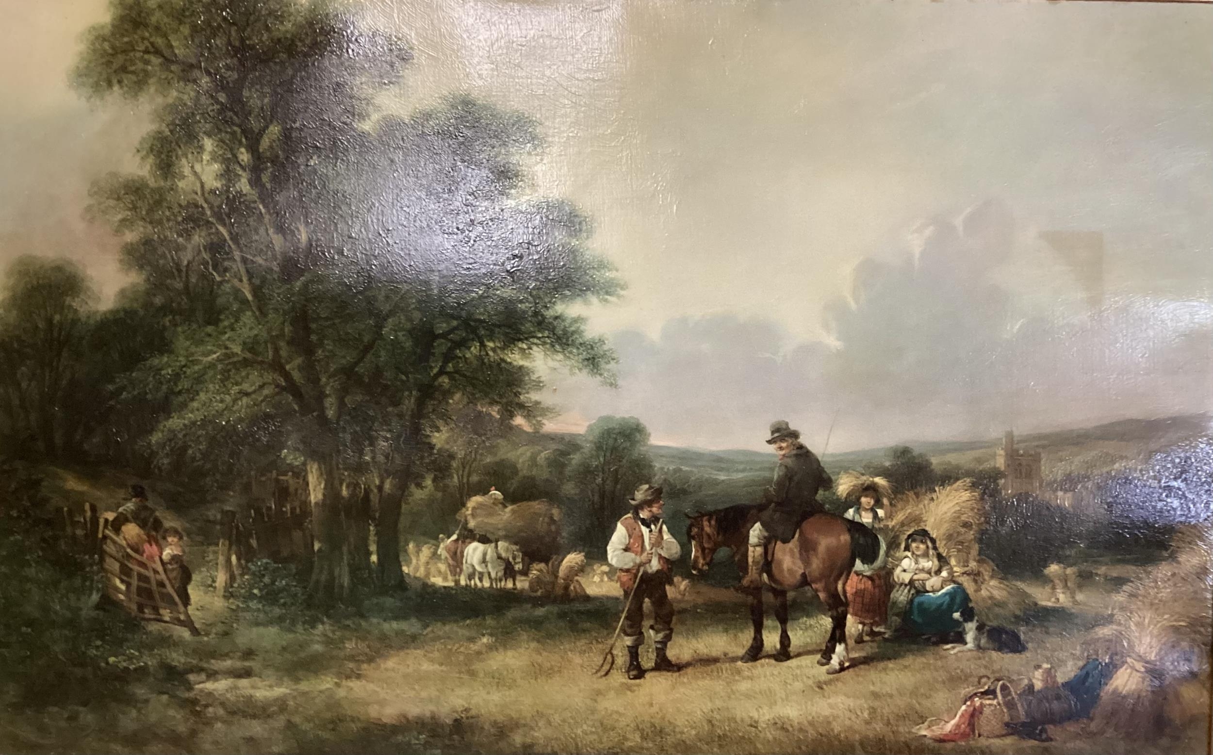 After William Shayer, a gilt framed picture of a C19th Harvest Scene; a Watercolour titled Mousehole - Image 6 of 12