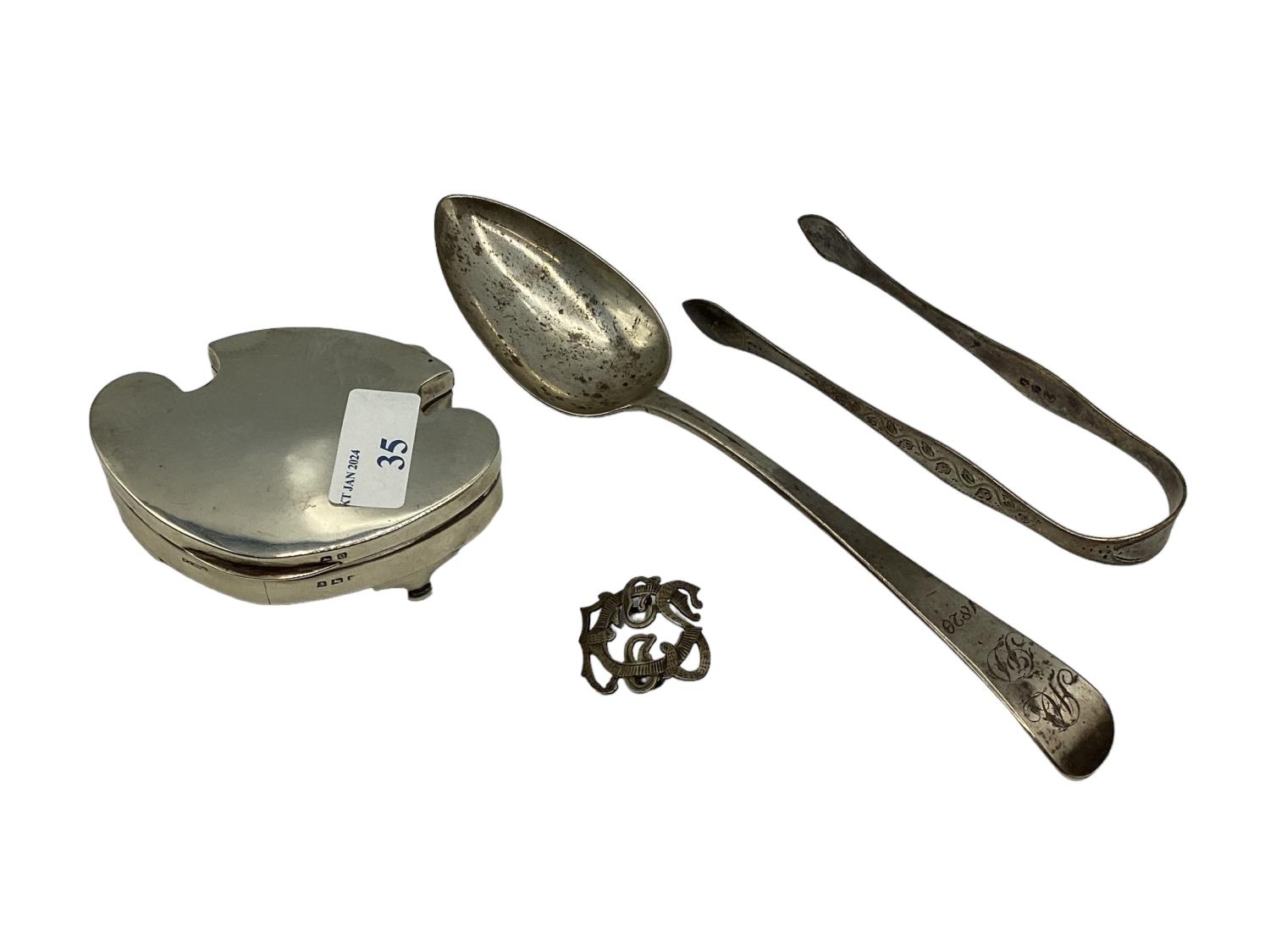 Collection of sterling silver items, small jewellery casket, Britania silver spoon, pair of tongues, - Image 3 of 9