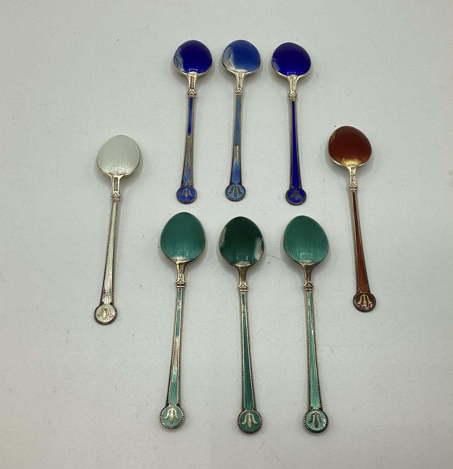 Set of 8 enamelled silver teaspoons, stamped David Anderson, Norway, Sterling. Some wear to enamel - Image 2 of 3