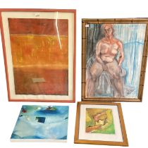 A collection of contemporary style decorative painting and prints in glazed frame, various sizes,