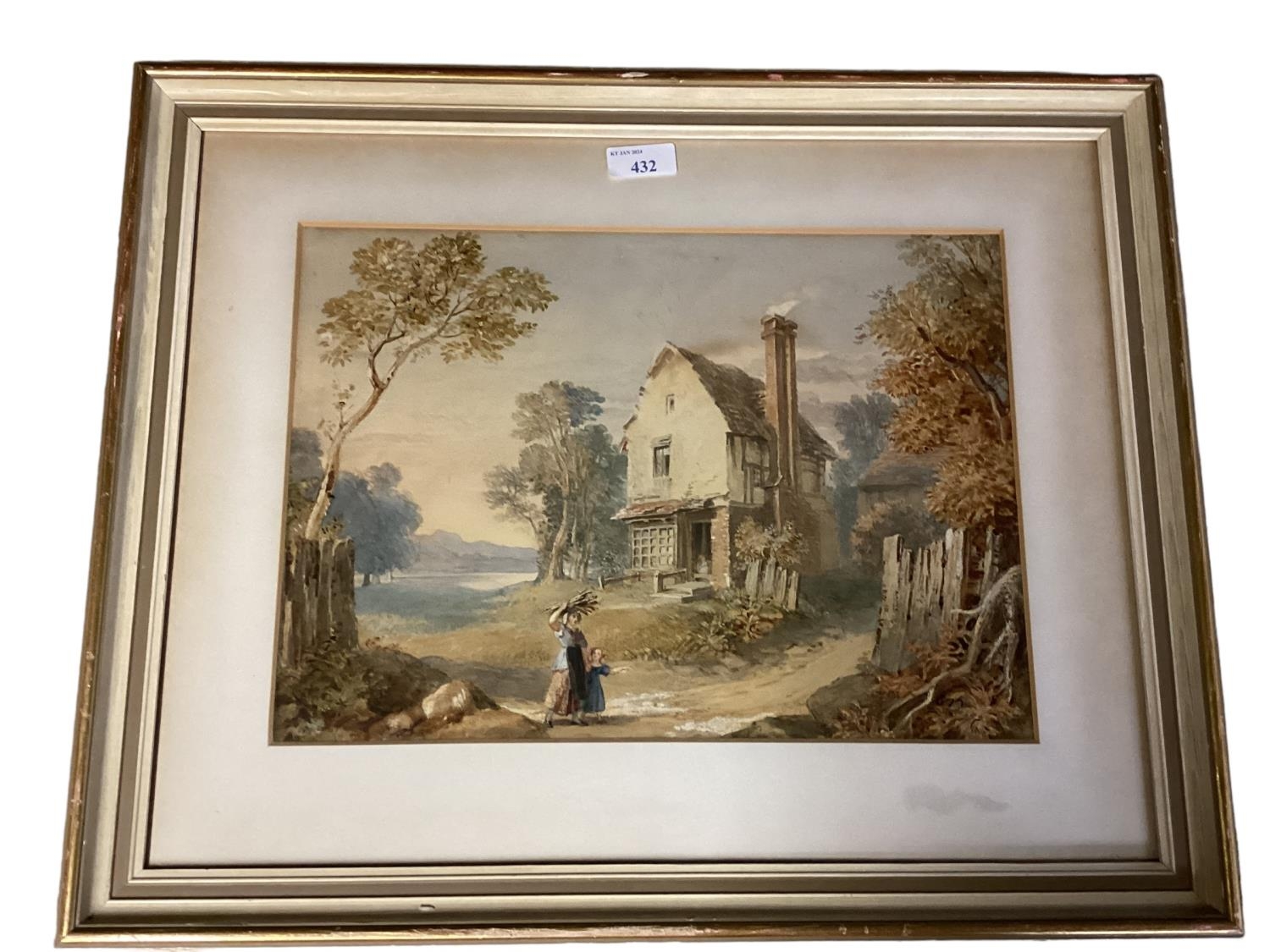 A 19th century style watercolour of a rural scene with cottage. In a gilt glazed frame. 26cm x 36cm.