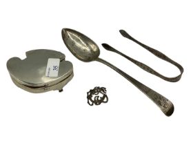 Collection of sterling silver items, small jewellery casket, Britania silver spoon, pair of tongues,