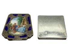 Two continental white metal compacts. One with transfer printed scene marked 800. Together with an