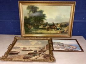 After William Shayer, a gilt framed picture of a C19th Harvest Scene; a Watercolour titled Mousehole