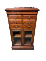 Edwardian mahogany narrow chest of 6 small drawers above a pair of glazed cupboard doors to base,