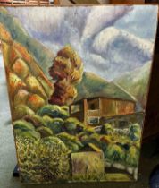 A modern, impressionist style, oil on board of a house in landscape