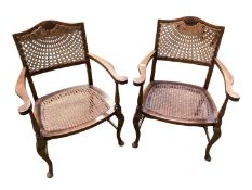 Two modern armchairs, the wooden frame with good bergere cane seat and back