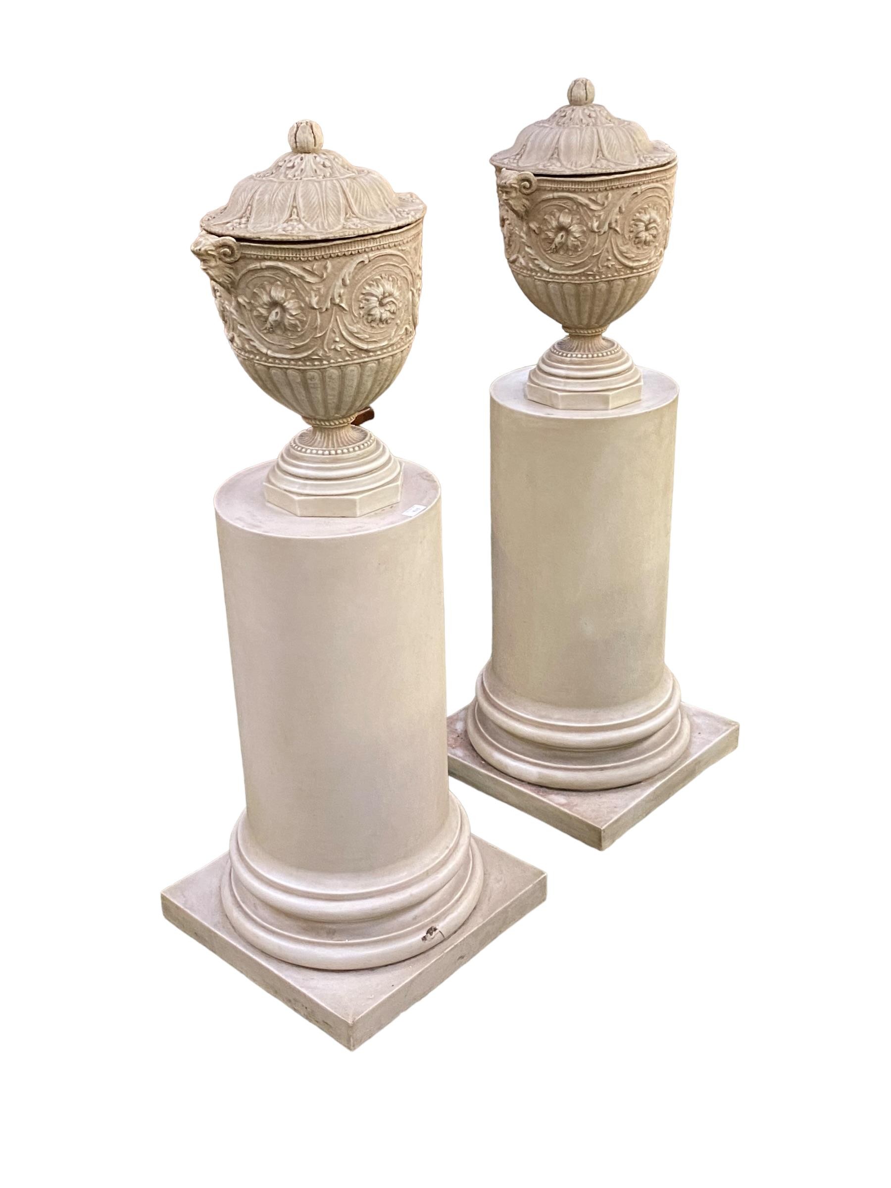 Pair of decorative pedestals, surmounted with lidded urns with satyr masks on composite half - Image 4 of 6