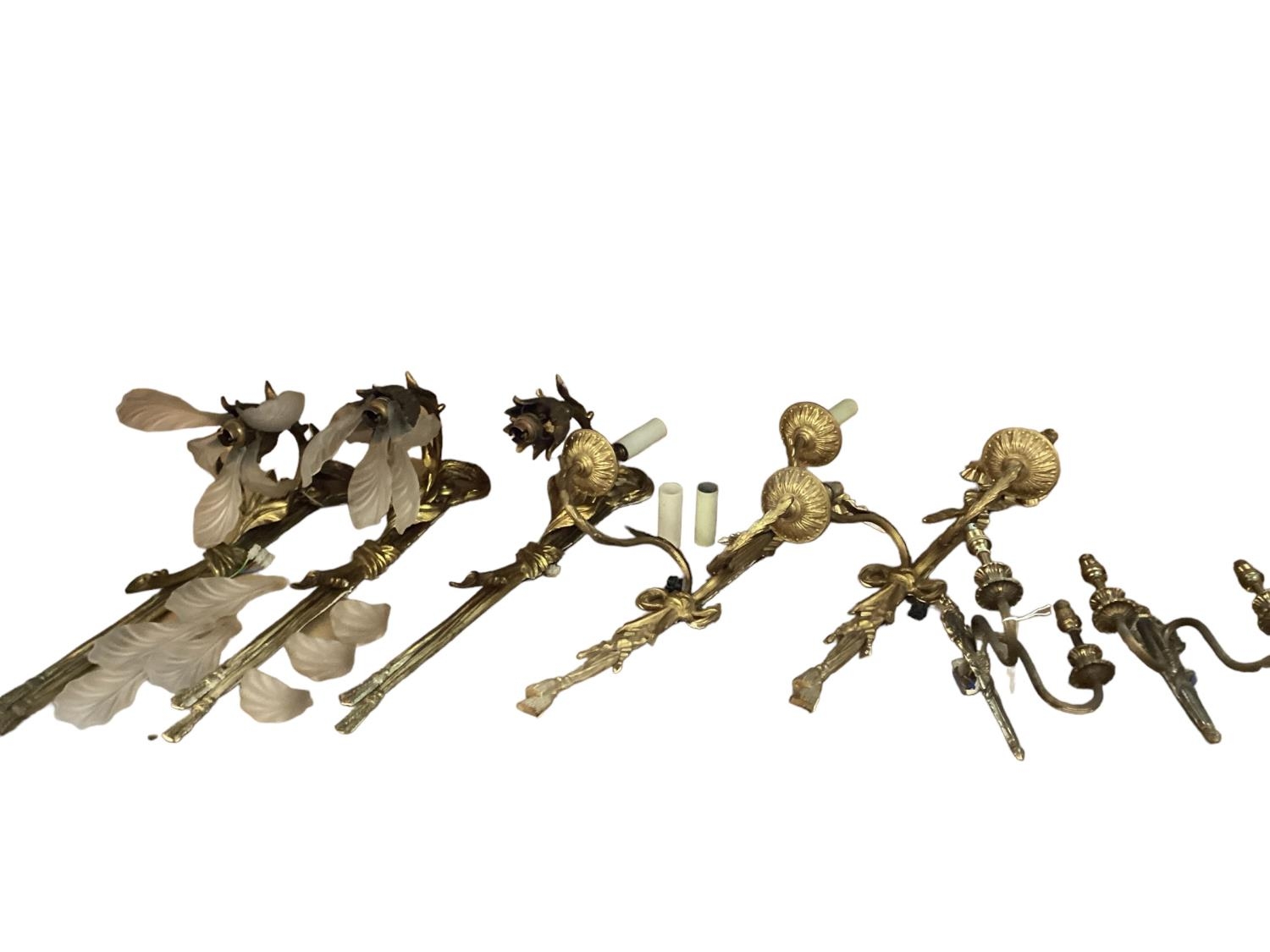 A quantity of decorative antique gilded wall sconces, (to include two pairs), see images for - Image 2 of 6