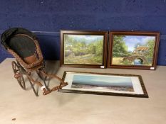 A pair of wooden framed country scenes, signed B Roberts and a framed and glazed Cornish watercolour