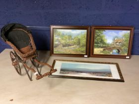 A pair of wooden framed country scenes, signed B Roberts and a framed and glazed Cornish watercolour