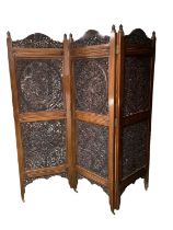 Mahogany 3 panelled screen, each with carvings of birds in foliage, CONDITION REPORT: No sign of