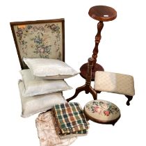 Quantity of general items, house clearance to include needlepoint stools, cushions, torchere, fire