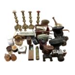 Quantity of brass items, to include pestle and mortar, candlesticks, shaving items etc, and a