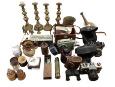 Quantity of brass items, to include pestle and mortar, candlesticks, shaving items etc, and a