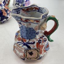 A collection of masons/Gaudy Welsh style jugs (6), and a large Oriental style baluster vase, blue