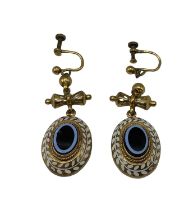A pair of yellow metal and enamel chandelier ear clips. 4g.