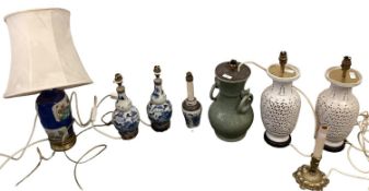 7 table lamps, including Chinese style blue and white, green, and pair of white, all as found with