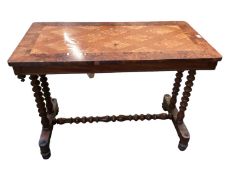A mahogany sofa table, the top inlaid with diamond pattern, with turned stretcher to base, 95cm W