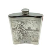 A Sheffield Pewter hipflask with chased hunting scenes with certificate in presentation box