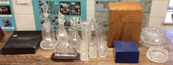 A collection of glass equestrian sporting trophies , decanters and a travel box with six brandy