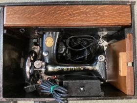 Singer Sewing Machine in black metal trunk, electric. As found, clearance lot, see images