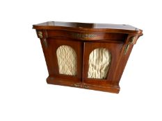 Flame mahogany side table with turned pedestal base to casters, faded top and wear; and a chiffonier