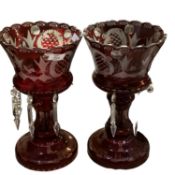 A pair of Bohemium ruby glass vases with lustre drops, and glass bowls and a quantity of