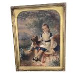 A large watercolour of a young girl seated with her dog in landscape, framed, no glazing,
