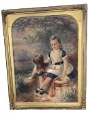 A large watercolour of a young girl seated with her dog in landscape, framed, no glazing,