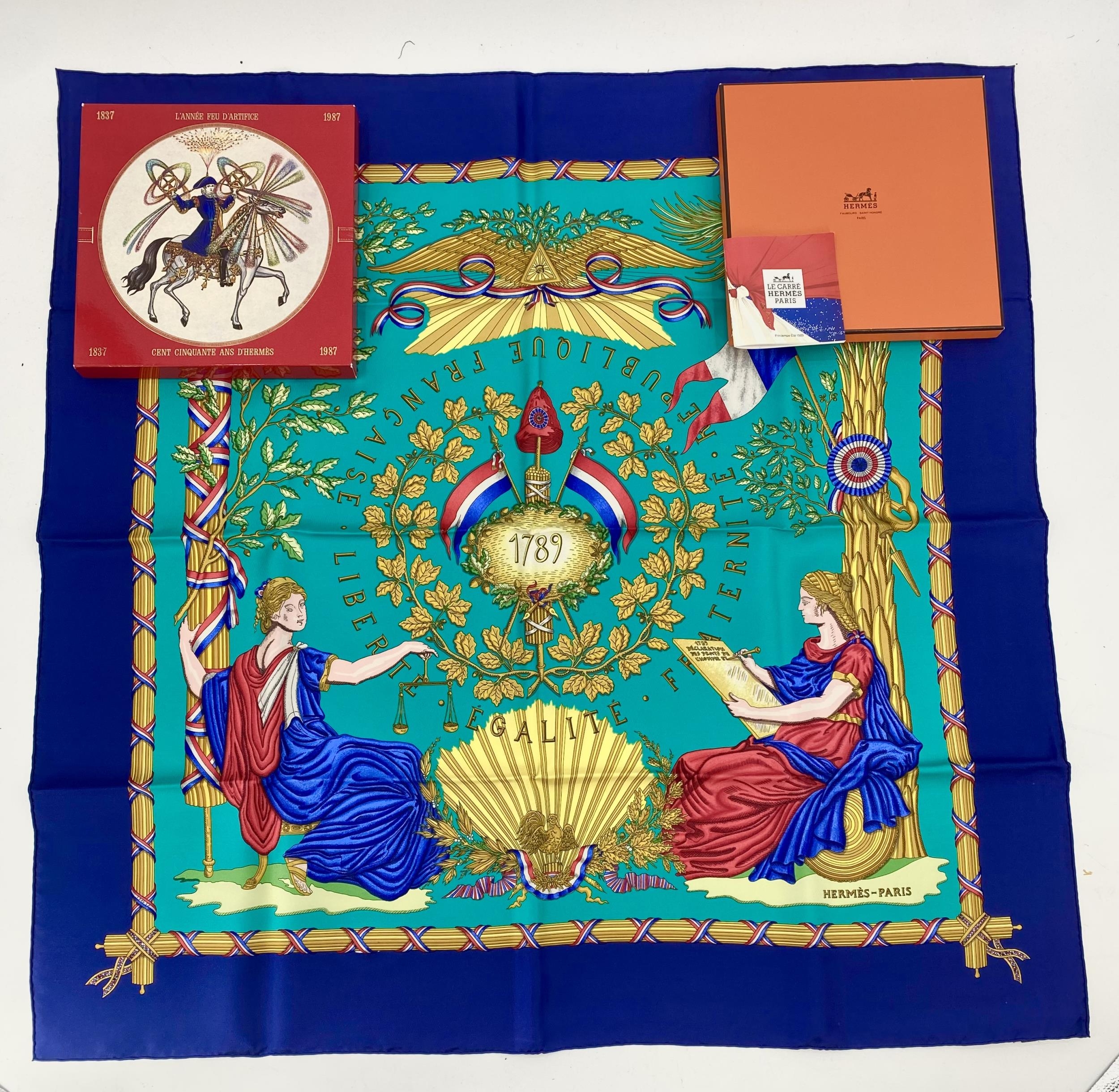 HERMES scarf, in original orange box, and pamphlet and tissue. "1789", to commemorate the 200th