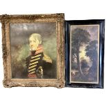 A framed reproduction print of a naval officer, 60 x 49cm; and an oil sheep scene signed lower