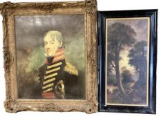 A framed reproduction print of a naval officer, 60 x 49cm; and an oil sheep scene signed lower