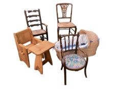 Edwardian Beech child's chair, plus oak and rush child's rocking chair, 1960s matching chair and