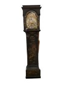 Long case clock, lacquered chinoisserie, in need of work, brass dial, silver chapter ring, 8 day,