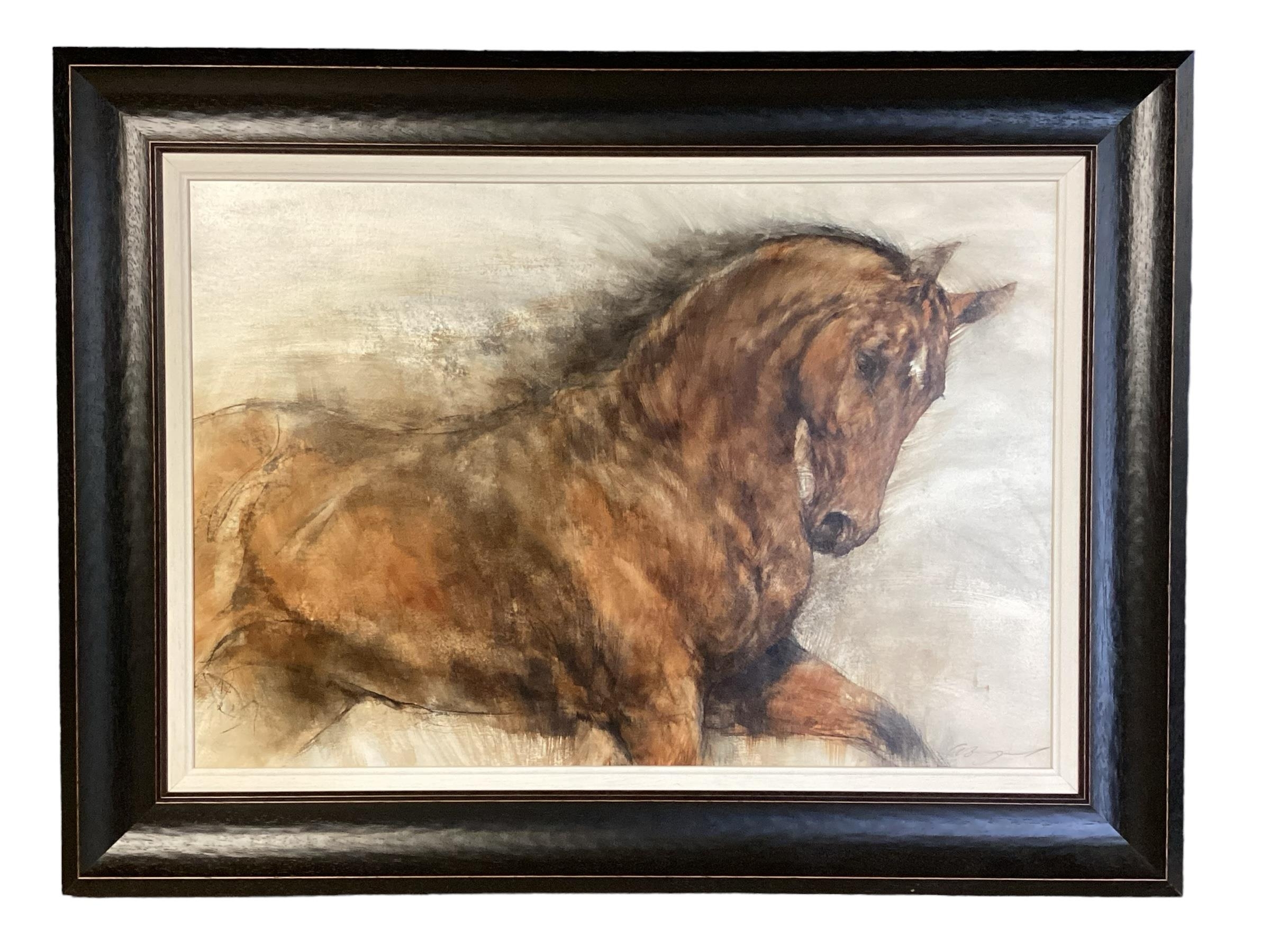 GARY BENFIELD (b. 1965) acrylic on board, Sienna, study of a horse, in an unglazed ebonised frame.