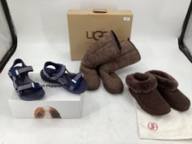 Brown sheepskin UGG boots, size 6 , worn, some fading with box; pair of brown sheepskin fitflop size