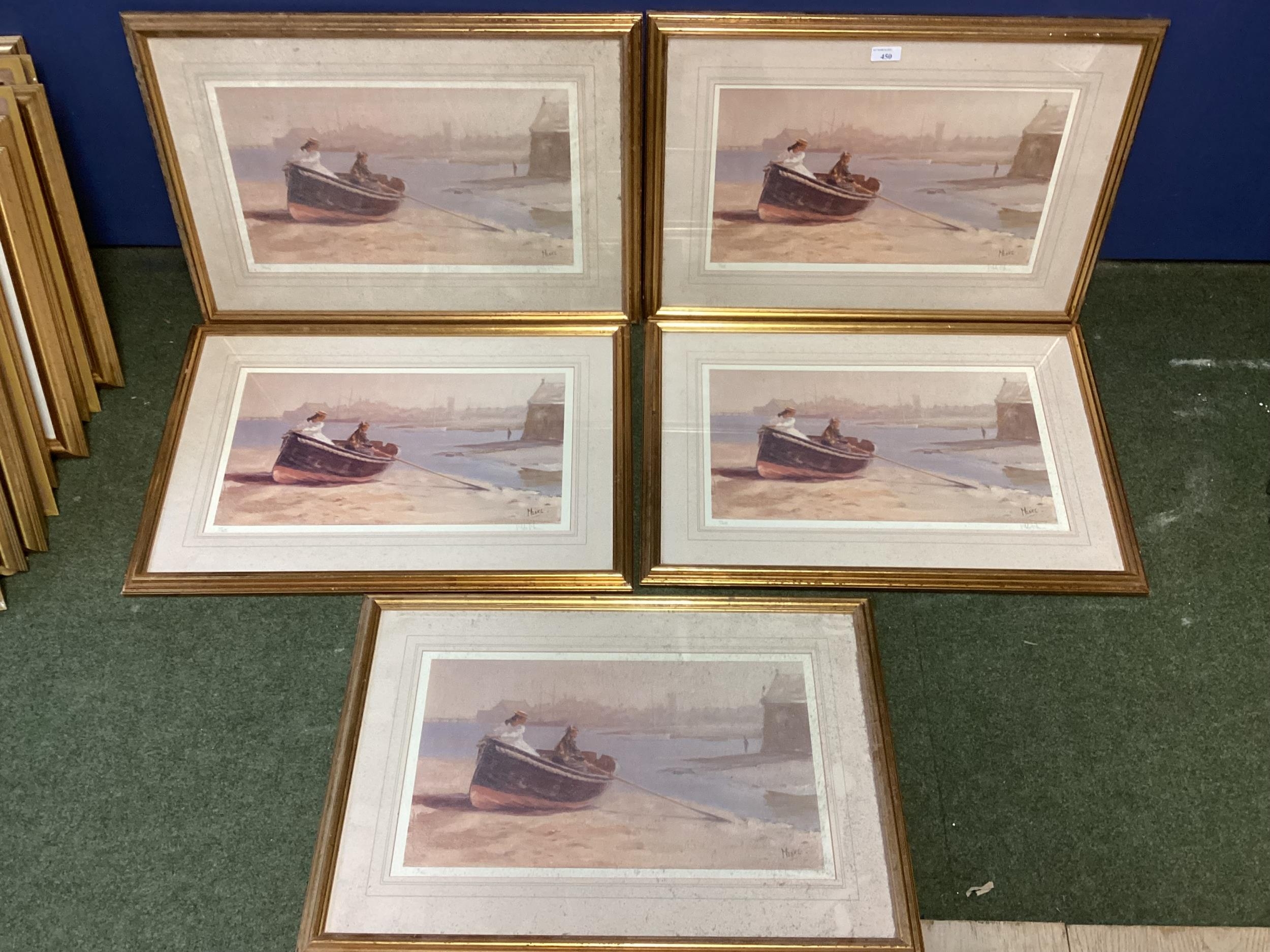 A set of five modern gilt framed and glazed prints of Edwardian boating scenes, 44cm x 63cm