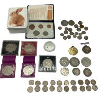 A collection of coins, sixpences etc together with two WWI medals to PTE AG Jones ASG.