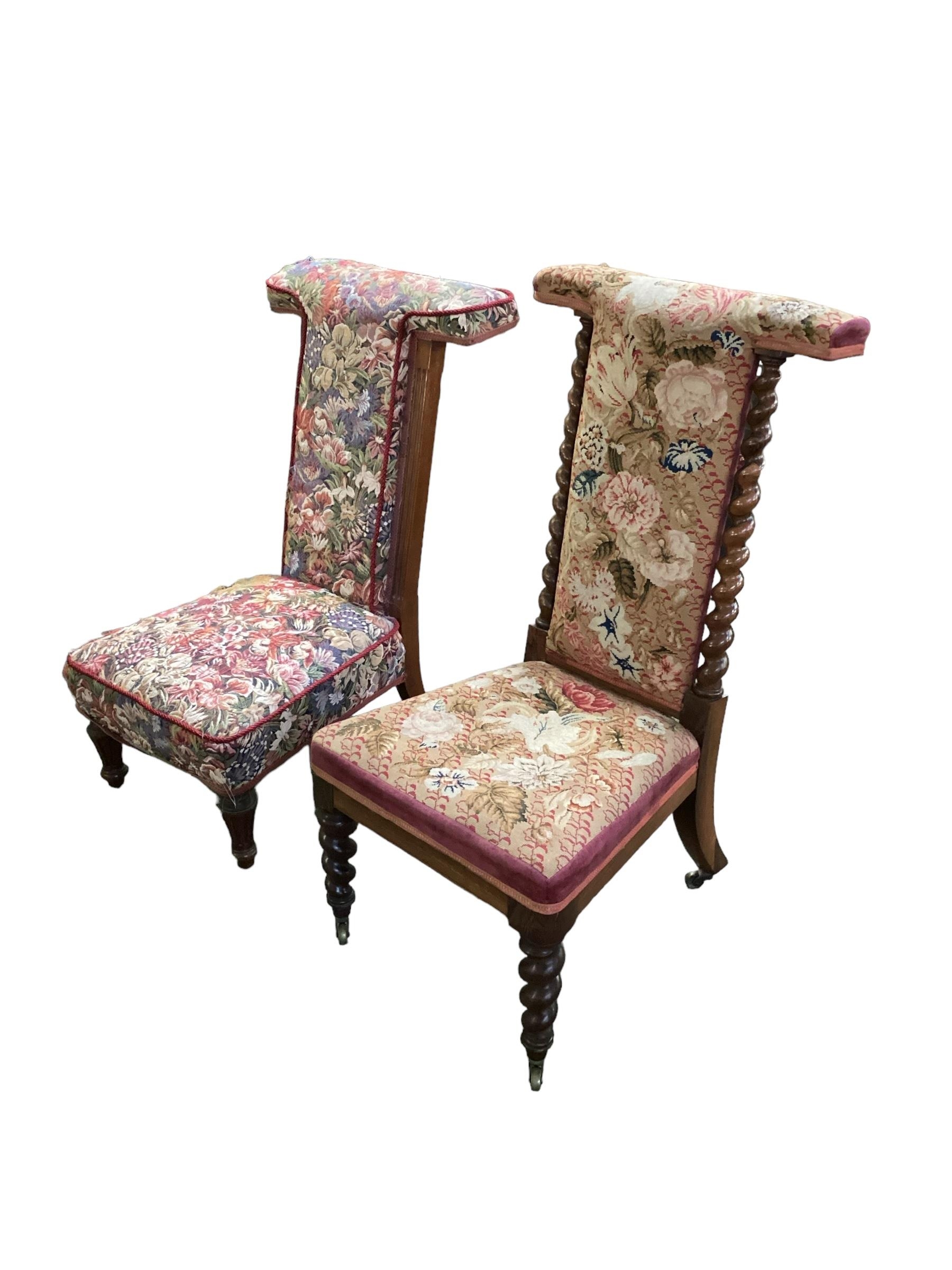 Victorian Prie Dieu chair with tapestry upholstery and barley twist sides; and Prie Dieu chair