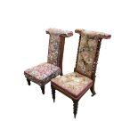 Victorian Prie Dieu chair with tapestry upholstery and barley twist sides; and Prie Dieu chair