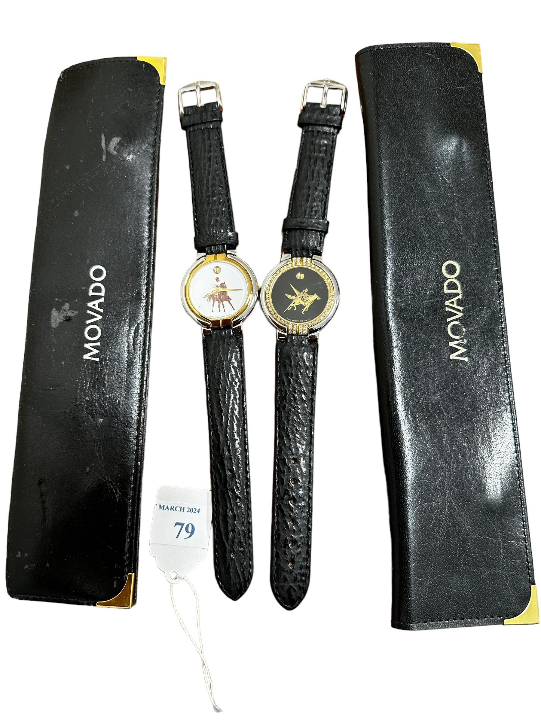 Two cased Swiss watches. Movado stamped to case, the watch face with images of racehorses